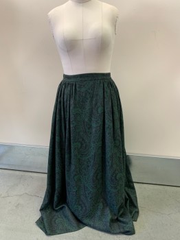 Womens, Historical Fiction Skirt, NL, Emerald Green, Black, Gray, Wool, Print, 30/33, Gathered Waist With 6" Flat Front, Button Closure In Back