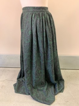 NL, Emerald Green, Black, Gray, Wool, Print, Gathered Waist With 6" Flat Front, Button Closure In Back