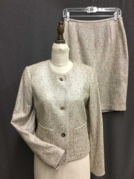 Womens, Suit, Jacket, CALVIN KLEIN, Khaki Brown, Black, Silver, White, Poly/Cotton, Acrylic, Tweed, B36, 4, Crew Neck, 3 Button Front, 2 Patch Pockets with Beige Silk Piping Trim