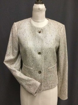 Womens, Suit, Jacket, CALVIN KLEIN, Khaki Brown, Black, Silver, White, Poly/Cotton, Acrylic, Tweed, B36, 4, Crew Neck, 3 Button Front, 2 Patch Pockets with Beige Silk Piping Trim