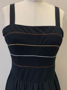 NO LABEL, Black, Copper Metallic, Gold, Silver, Rayon, Solid, Sleeveless, Adjustable Straps, Square Neck, Shimmer Strips Across Bust, Back Zipper,