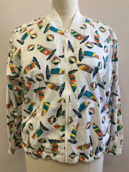 SUBURBANS, White, Turquoise Blue, Orange, Yellow, Navy Blue, Cotton, Novelty Pattern, CB, L/S, Zip Front, Slant Pockets, Back Storm Flap, Sail Boats And Life Ring Pattern