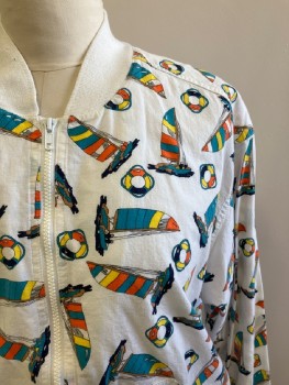 Womens, Jacket, SUBURBANS, White, Turquoise Blue, Orange, Yellow, Navy Blue, Cotton, Novelty Pattern, L, CB, L/S, Zip Front, Slant Pockets, Back Storm Flap, Sail Boats And Life Ring Pattern