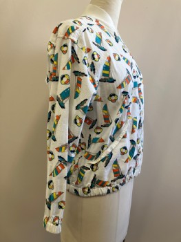 Womens, Jacket, SUBURBANS, White, Turquoise Blue, Orange, Yellow, Navy Blue, Cotton, Novelty Pattern, L, CB, L/S, Zip Front, Slant Pockets, Back Storm Flap, Sail Boats And Life Ring Pattern