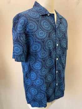 Mens, Casual Shirt, WALLACE & BARNES, Navy Blue, Blue, Silk, Linen, Floral, L, Short Sleeves, Button Front, Collar Attached, 1 Pocket,
