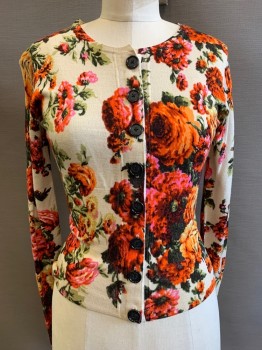 Paul Smoth, Red-Orange, Cream, Green, Wool, Floral, L/S, Scoop Neck, Button Front,