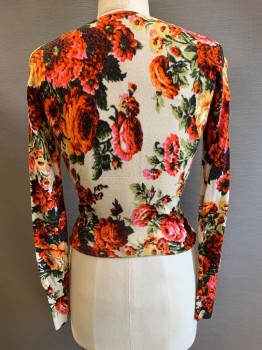 Paul Smoth, Red-Orange, Cream, Green, Wool, Floral, L/S, Scoop Neck, Button Front,