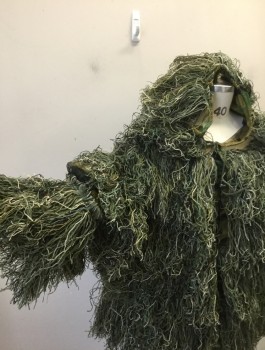 Unisex, Ghillie Suit, Top, ARCTURUS, Olive Green, Dk Olive Grn, Brown, Beige, Nylon, Cotton, Camouflage, O/S, Camo Patterned Mesh/Net Covered in Shades of Olive/Brown/Beige Fringe, Long Sleeves, Snap Closures at Front, Hooded, Hunting Tactical Wear