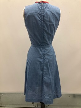 KAY WHITNEY, Blue, Solid, Red CN And Buttons, Sleeveless, Pleated Bottom, Back Zip, With Matching Belt