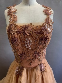Womens, Evening Gown, NO LABEL, Sienna Brown, Copper Metallic, Dk Purple, Polyester, Leaves/Vines , W24, B33, Sleeveless, Tulle Traps with Beaded Detail, Beaded Chest, Layered Tulle Skirt, Side Zipper