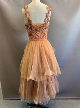 Womens, Evening Gown, NO LABEL, Sienna Brown, Copper Metallic, Dk Purple, Polyester, Leaves/Vines , W24, B33, Sleeveless, Tulle Traps with Beaded Detail, Beaded Chest, Layered Tulle Skirt, Side Zipper