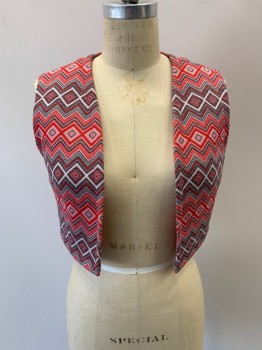 Womens, 1970s Vintage, Piece 1, NL, Red, Pink, White, Gray, Polyester, Zig-Zag , Diamonds, B:32, Vest, Made To Order