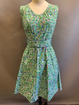 Womens, Dress, Sleeveless, KAYCE HUGHES, Green, White, Blue, Orange, Cotton, Floral, Sz.2, Rounded V-neck, Gathering at Neckline, Gathered Waist, A-Line, Knee Length, Invisible Zipper in Back, Retro, **With Matching Fabric Belt with Royal Blue Piping Edge