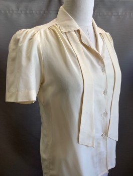 COPY CATS, Cream, Silk, Solid, S/S, Button Front, Camp Shirt, Gathered At Shoulders, **Comes With Matching Fabric Tie For Neck