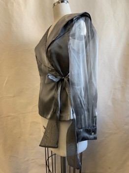 Lori Max, Silver, Polyester, Solid, L/S, Button Front, Shawl Collar, Crossover With Side Tie, Sheer Sleeves