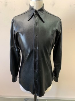 Mens, Shirt, ANTO MTO , Black, Silk, Cotton, 15/36, 1970S Repro, Pleather, C.A., Button Front, L/S