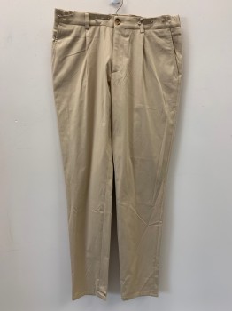 SERJ, Khaki Brown, Polyester, Cotton, Solid, Pleated, Side And Back Pockets, Zip Front, Belt Loops,