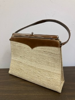 Womens, Purse, N/L, Tan Coarse Weave Fabric And Brown Leather, Brass Clasp