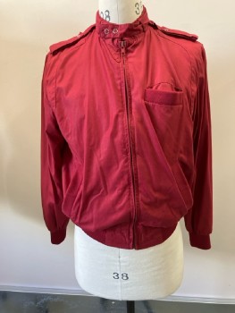 Mens, Jacket, MONTGOMERY WARD, Ch38, Cranberry Nylon Windbreaker, Members Only Style, Stand Collar with Snap Belt, Snap Epaulets, 1 Pckt, Rib Knit Trims
