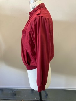 MONTGOMERY WARD, Cranberry Nylon Windbreaker, Members Only Style, Stand Collar with Snap Belt, Snap Epaulets, 1 Pckt, Rib Knit Trims