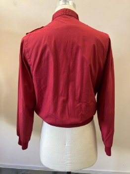 MONTGOMERY WARD, Cranberry Nylon Windbreaker, Members Only Style, Stand Collar with Snap Belt, Snap Epaulets, 1 Pckt, Rib Knit Trims