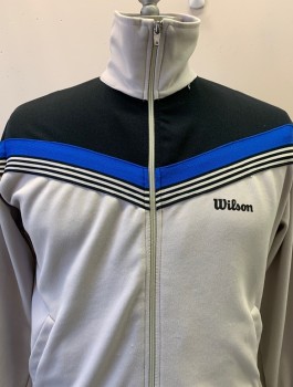 WILSONS, Gray, Black, Blue, Polyester, Color Blocking, Stand Collar, Z.F., L/S, Blue & Black Stripes on Front/Sleeves/Cuffs, Side Pockets