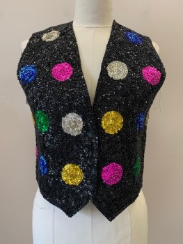 Womens, Vest, NO LABEL, Black, Hot Pink, Gold, Emerald Green, Blue, Polyester, Sequins, Spots , 38, L, 3 Buttons, Single Breasted, V-N, Full Sequins And Beads, Belted Back
