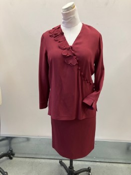 JEANNETTE MINER, Cranberry Red, Polyester, Solid, Crepe Back Satin, Surplice V-N with Self Covered Button & Loop Closure, Self Wilted Flower Applique, L/S with Slit Cuffs, Slits Side And CB