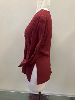 Womens, 1980s Vintage, Top, JEANNETTE MINER, Cranberry Red, Polyester, Solid, W:28, B:40, H:36, Crepe Back Satin, Surplice V-N with Self Covered Button & Loop Closure, Self Wilted Flower Applique, L/S with Slit Cuffs, Slits Side And CB