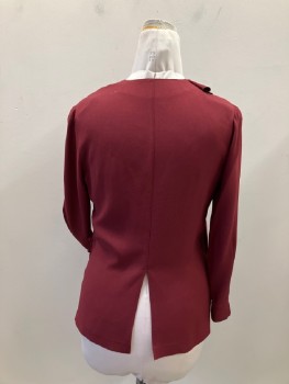 JEANNETTE MINER, Cranberry Red, Polyester, Solid, Crepe Back Satin, Surplice V-N with Self Covered Button & Loop Closure, Self Wilted Flower Applique, L/S with Slit Cuffs, Slits Side And CB