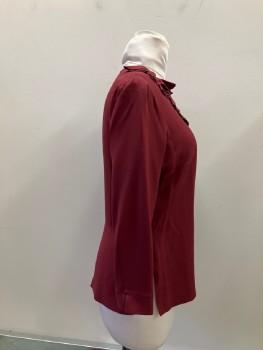Womens, 1980s Vintage, Top, JEANNETTE MINER, Cranberry Red, Polyester, Solid, W:28, B:40, H:36, Crepe Back Satin, Surplice V-N with Self Covered Button & Loop Closure, Self Wilted Flower Applique, L/S with Slit Cuffs, Slits Side And CB