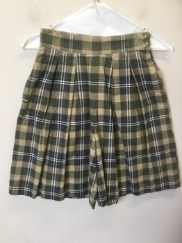 Womens, Skort, JONES NY, Tan Brown, Olive Green, Black, White, Yellow, Cotton, Plaid, W 22, 2" Waist Band, with 2 Buttons, Big Pleats, 3 Pockets