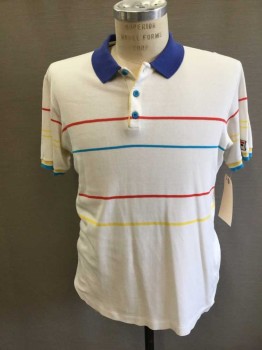Mens, Polo Shirt, FILA, White, Cotton, XL, C44, with Blue Ribbed Knit Collar, S/S, Red/Blue/Yellow Thin Horizontal Stripes, 3 Buttons