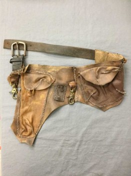 NO LABEL, Brown, Leather, Waist Belt Buckle, Metal Claw Clips, Stitched Patch Pockets, Raw Edges