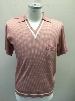 Mens, Polo Shirt, N/L, Mauve Pink, White, Polyester, Grid , Solid, XL, Mauve with White Grid/Waffle Texture Banlon Knit, Solid Mauve Sleeves and Collar Attached, Short Sleeves, V-neck with White Edging, 1 Welt Pocket at Chest,