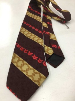 Mens, Tie, WEMBLON WEMBLEY, Dk Brown, Gold, Red, Butter Yellow, Polyester, Stripes - Diagonal , Geometric, 4 In Hand,