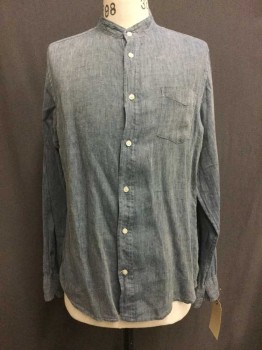 Navy Blue, Linen, Heathered, Button Front, Collar Band, Long Sleeves, 1 Pocket, Multiple, Old West