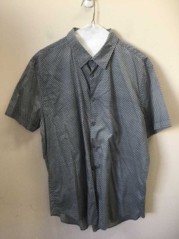 JOHN VARVATOS, Lt Gray, Navy Blue, Poly/Cotton, Lycra, Graphic, Short Sleeves, Collar Attached, Button Front,