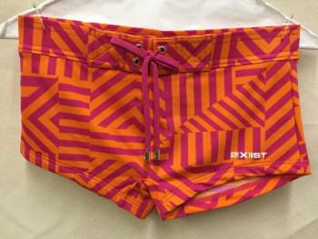 Mens, Swim Trunks, 2(X)IST, Orange, Hot Pink, Polyester, Spandex, Abstract , M, (MULTIPLE) Short Shorts, Orange W/hot pink Abstract Stripes, 1-1/2" Elastic Waistband, W/hot Pink D-string Cord W/metal Tassel Piece