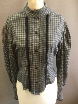 N/L, Gray, Black, White, Cotton, Lace, Check , Plaid, Long Sleeve Button Front, Stand Collar, Pleats At Center Front Button Placket with Black Lace Trim At Either Edge, Black Lace At Cuffs, Pleated Vent At Center Back Hem, Made To Order,