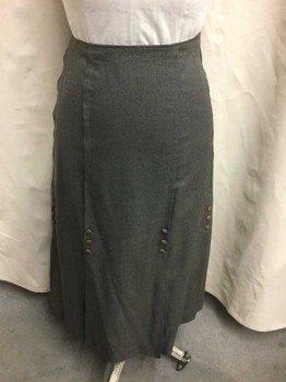 N/L, Gray, Bronze Metallic, Wool, Solid, Vertical Pleated Panels, with Columns Of 3 Dusty Bronze Fabric Covered Buttons, Floor Length Hem, Hook & Eye Closures At Center Back Waist, Box Pleat At Center Back Hem, **Has Some Moth Holes Throughout, Particularly At Hem and Waist,
