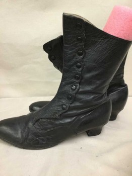 N/L, Black, Leather, Solid, Low Covered Court Heel, Snap Side with Scallopped Edge, Worn But In Good Condition, Mid Calf