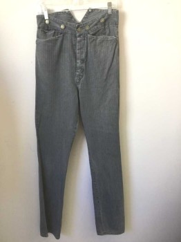 Mens, Historical Fiction Pants, N/L, Gray, Slate Blue, Cotton, Stripes - Pin, Ins:36, W:30, Gray with Slate Blue Pinstripes, Canvas, Silver Suspender Buttons at Outside Waist, Button Fly, Reproduction "Old West" Wear