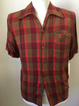 Mens, Casual Shirt, SEARS, Brown, Red, Dk Red, Synthetic, Check , M, Flannel, Button Front, Open Collar V-neck, 1 Pocket, Short Sleeves