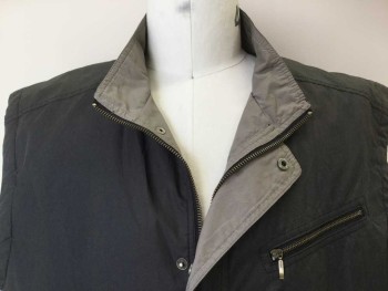 MEMBERS ONLY, Dk Gray, Lt Gray, Poly/Cotton, Solid, Casual Vest. Gray Cotton, Hidden Zip Front Closure, High Collar Band, 3 Pocket. Rib Knit Waist