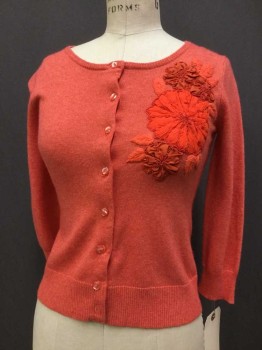 Womens, Sweater, TABITHA , Orange, Cotton, Synthetic, Heathered, Floral, XS, Heather Orange, Beaded Floral Appliqué
