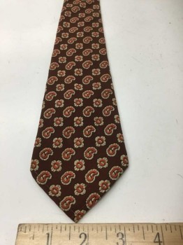 Mens, Tie, BOTANY, Dk Brown, Wool, Burnt Orange Circles and Paisleys Surrounded By Cream on a Dark Brown Background
