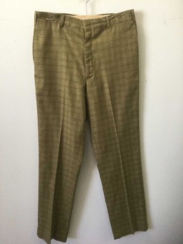 Mens, Slacks, FARAH, Dijon Yellow, Wool, Polyester, Ins:32, W:33, with Black and White Intersecting Grid Lines, Flat Front, Zip Fly, 4 Pockets, Straight Leg, Late 1960's