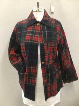Womens, Jacket, N/L, Navy Blue, Dk Green, Red, Yellow, Wool, Nylon, Plaid, XL, 4 Button Front ( 1 Button Missing), Collar Attached, 2 Patch Pockets