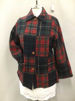 N/L, Navy Blue, Dk Green, Red, Yellow, Wool, Nylon, Plaid, 4 Button Front ( 1 Button Missing), Collar Attached, 2 Patch Pockets
